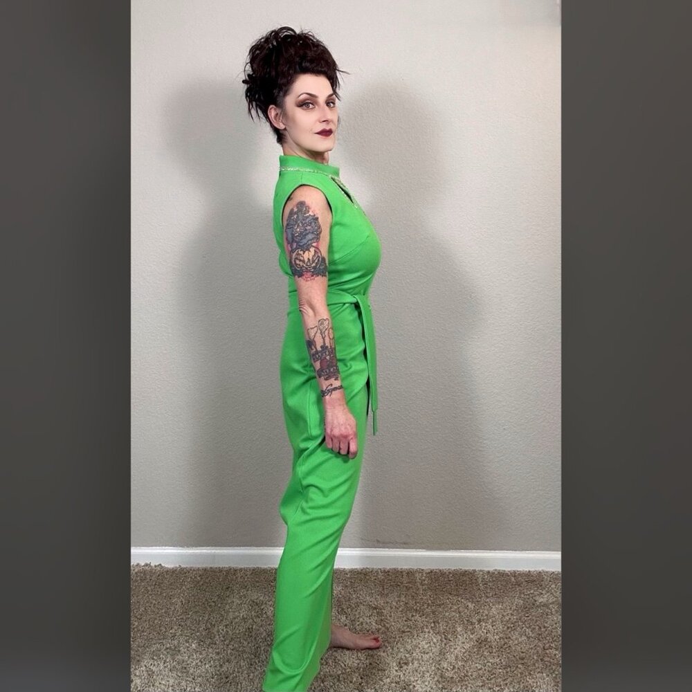 60s Bright Green Maxi Sheath Column Dress Rhinestone MCM Mod Rockabilly Pinup M - Picture 10 of 15